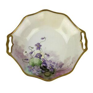 Ginori Italy OCCO Studio Purple Floral Gold Bordered Bowl w/ Handles Ceramic VTG